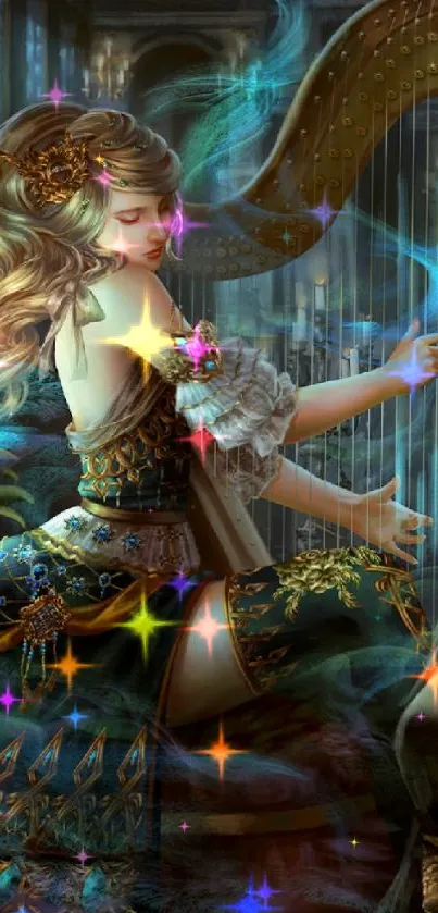 Fantasy artwork of mystical harp player in enchanting scene.