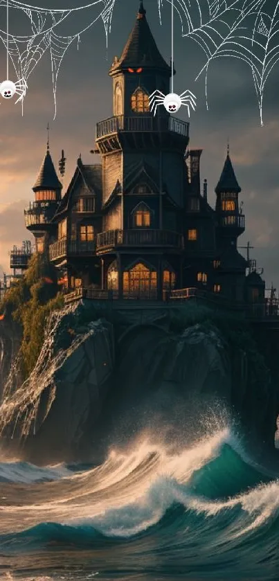 Mystical haunted castle with ocean waves and halloween decor.