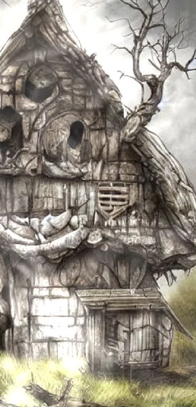 Ethereal haunted house with skull in dark, mystical style.