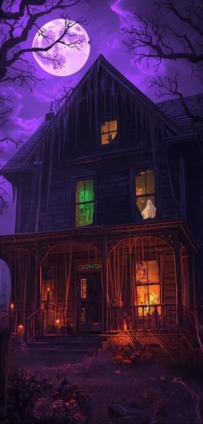 Mystical haunted house under a purple moonlit sky.