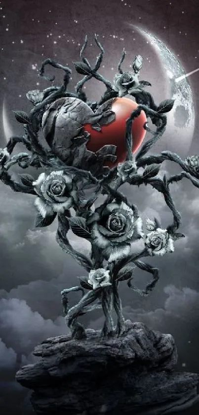 Mystical wallpaper with heart and roses under a night sky with moon.