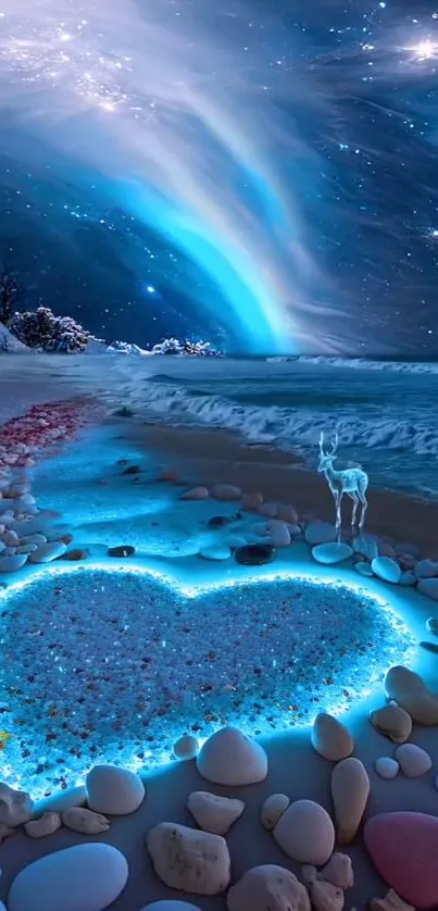 Mystical glowing heart on a fantasy beach under a cosmic sky.