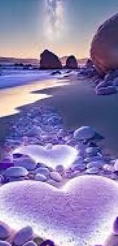 A mystical heart shape glowing on a serene beach during sunset.