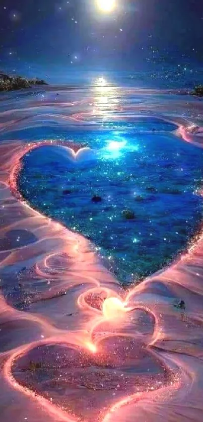 Hearts illuminated on a mystical beach at night with a glowing blue sea.