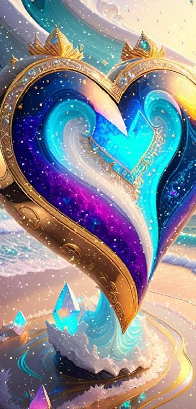 Mystical heart on a beach with vibrant colors and golden accents.