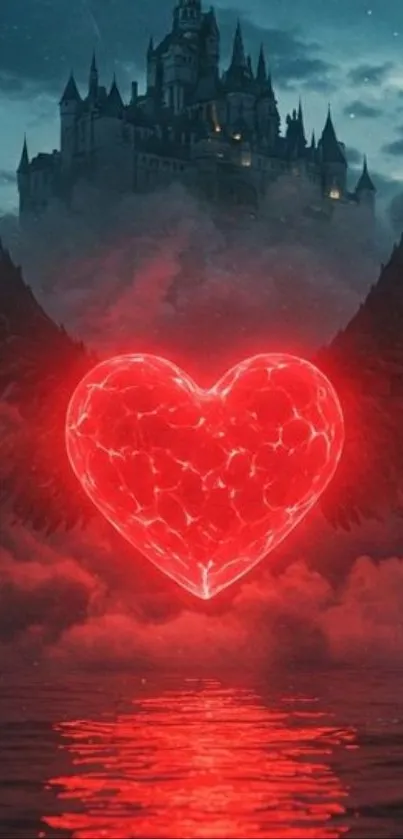 Heart with wings in front of a dark castle.