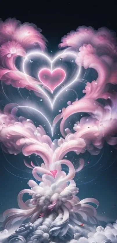 Dreamy heart-shaped pink cloud wallpaper on a dark background.