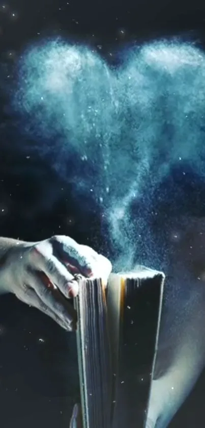 Heart-shaped dust over book in dark blue mystical scene.