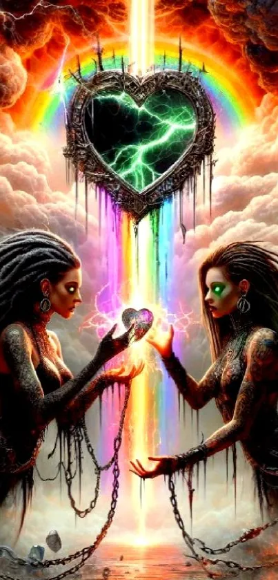 Two mystical figures with hearts in a colorful fantasy scene.