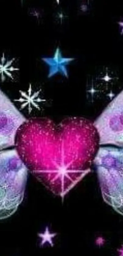 Mystical fantasy wallpaper with a pink heart and stars.