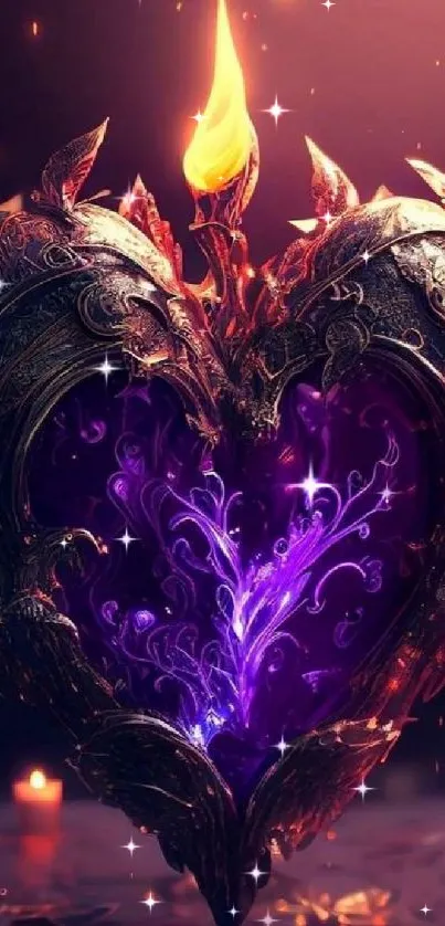 Mystical heart with glowing flame wallpaper for mobile screen.