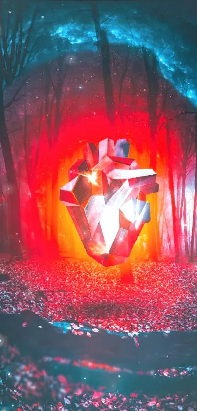 Crystal heart glowing in a mystical forest art wallpaper.