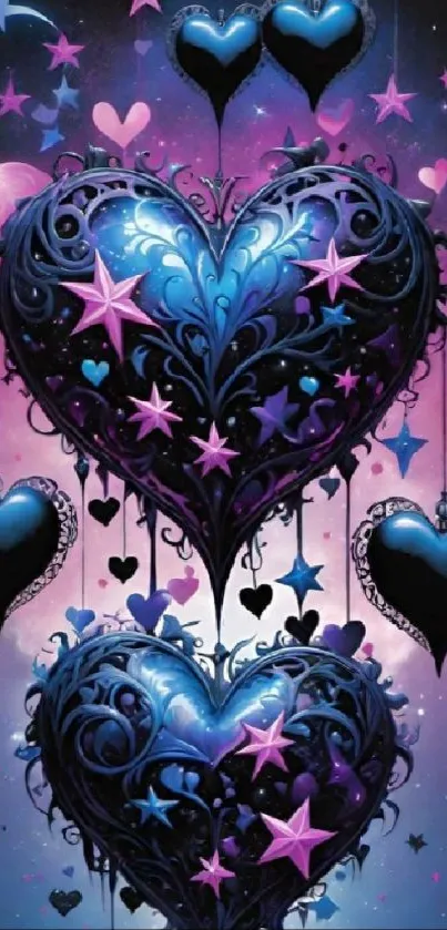 Vibrant blue hearts and stars wallpaper