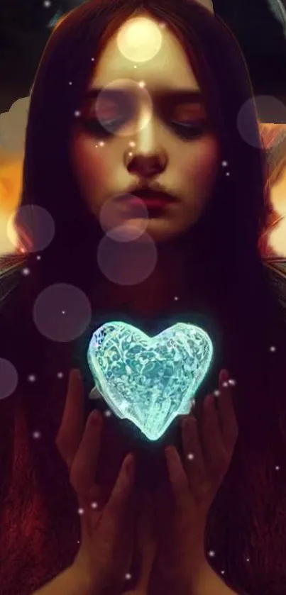 Woman holding glowing heart in mystical wallpaper.