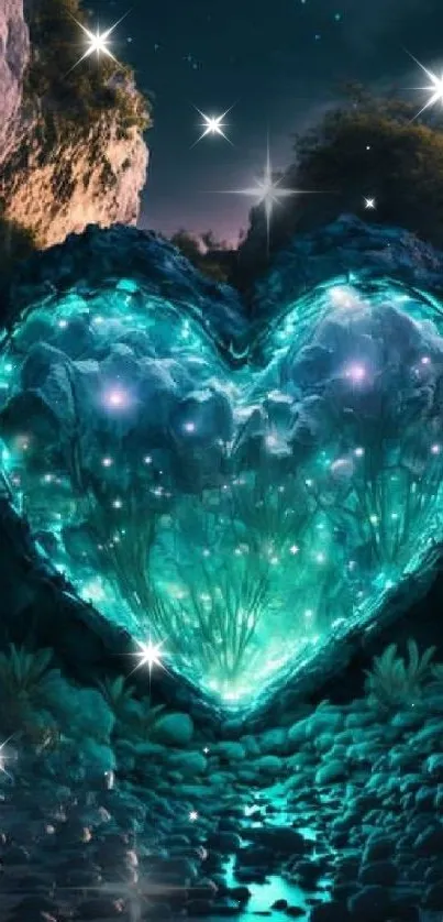 Luminous heart glowing in a mystical forest, surrounded by serene nature.