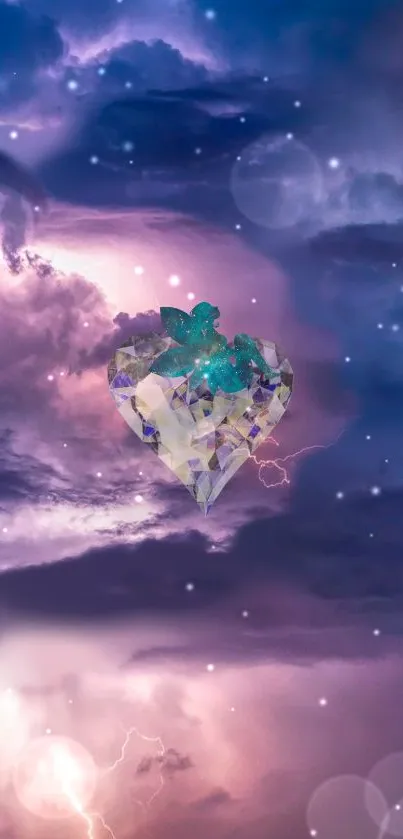 Heart-shaped crystal floating in a starry, mystical sky wallpaper.