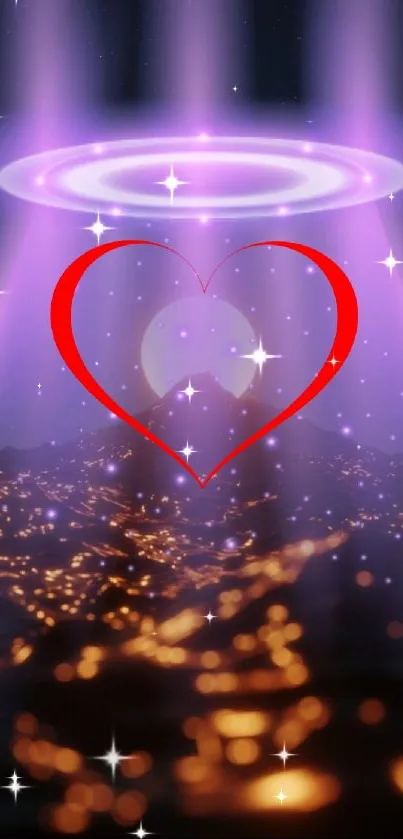 Mobile wallpaper featuring a glowing heart and mystical purple lights.