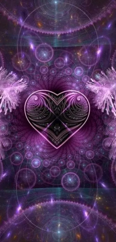 A mystical purple heart motif with intricate fractal details.