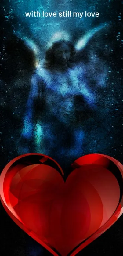 Mystical wallpaper with red heart and angelic figure on dark cosmic background.