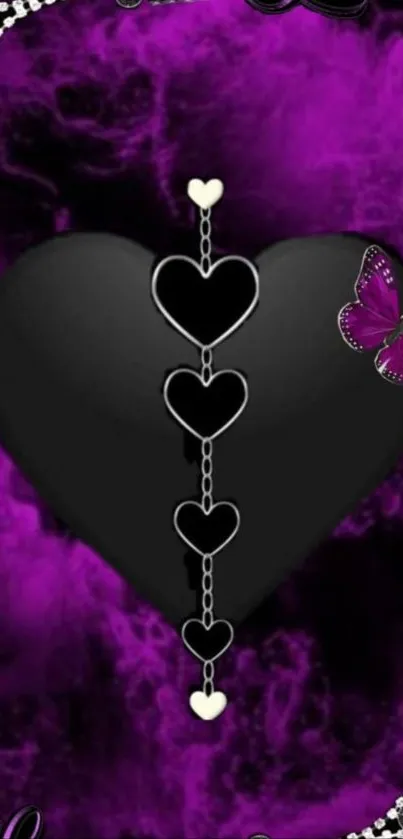 Mystical black heart with butterfly in purple haze.