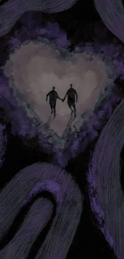 Mystical heart design with figures on dark purple background.