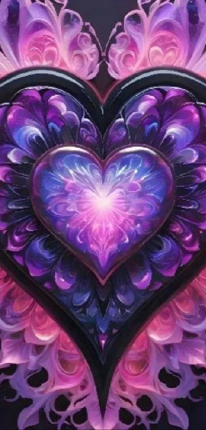 Mystical heart design with purple hues and floral patterns.