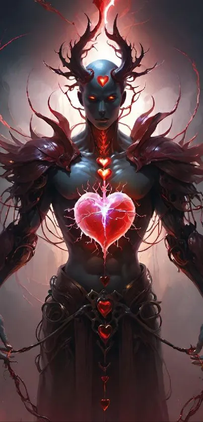 Mystical character with glowing heart in dark fantasy style wallpaper.