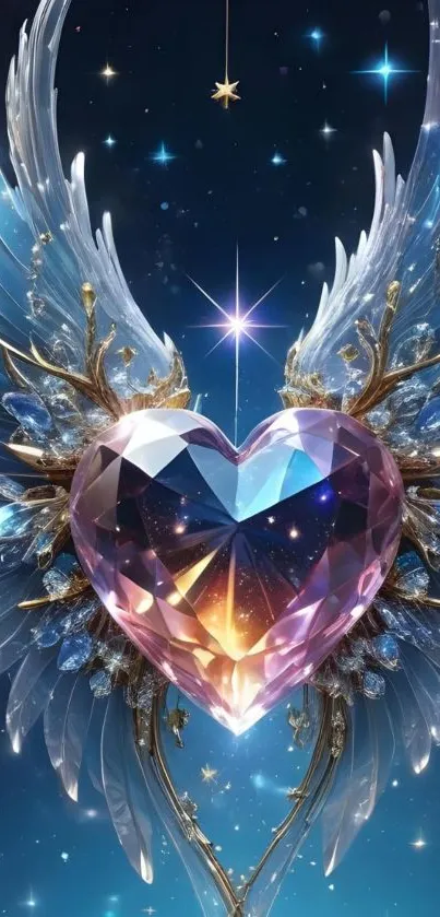 Mystical heart with angel wings against a starry sky wallpaper.