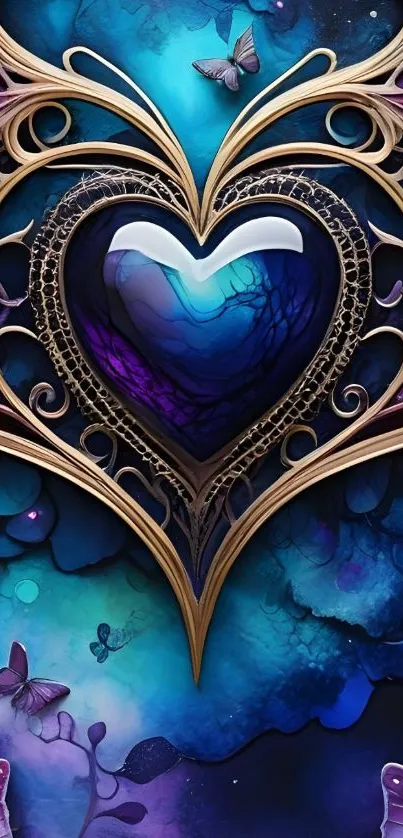 Mystical heart design with butterflies in a blue and purple theme.