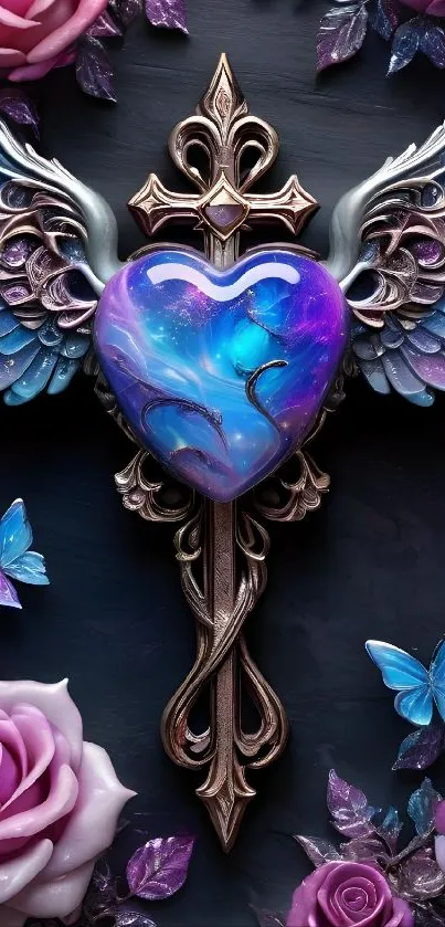 Mystical heart with wings and violet roses on wallpaper.