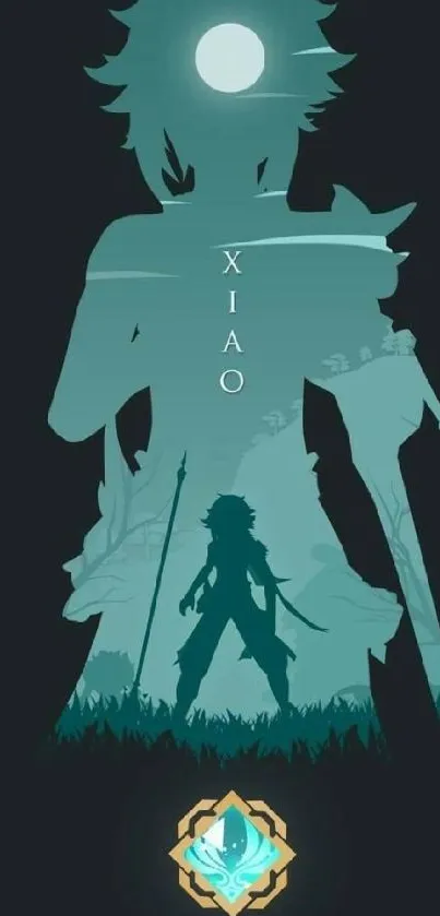 Silhouetted hero in mystical teal moonlight wallpaper.