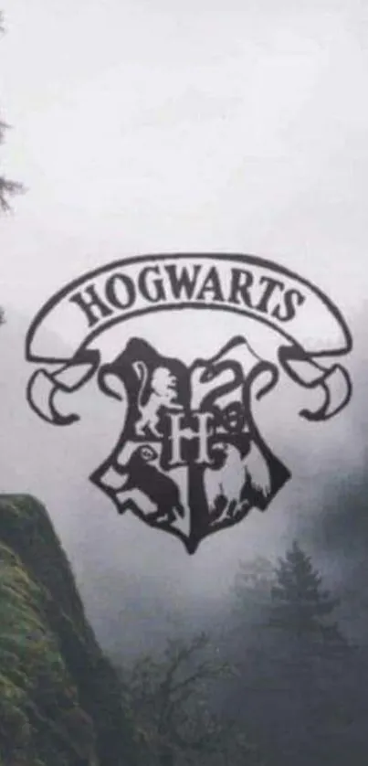 Hogwarts crest on misty forest background wallpaper.