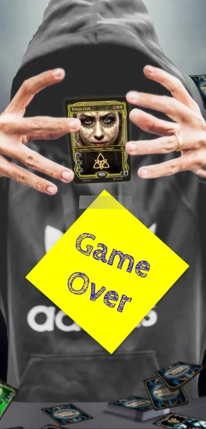 Hooded figure juggling colorful holographic cards on a dark background.