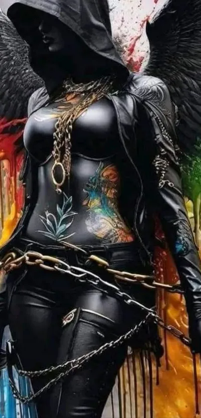 Hooded angel with colorful wings and surreal design.