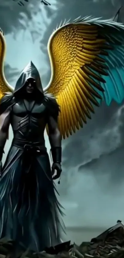 Hooded angel with gold and teal wings in a mystical scene.