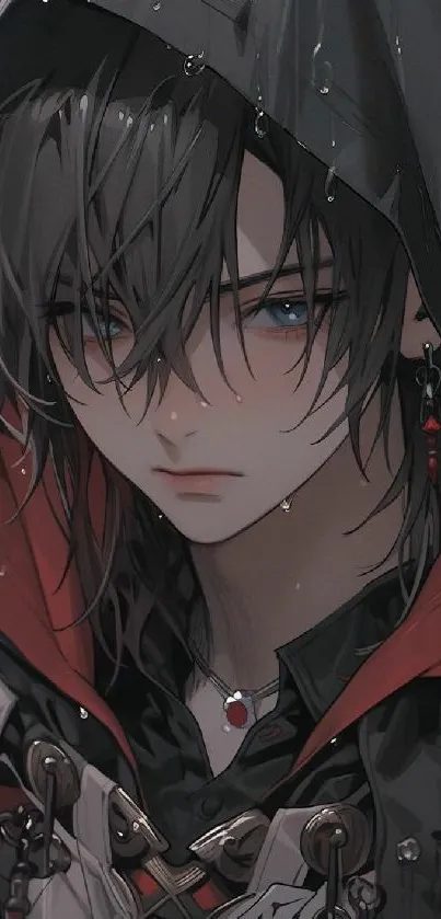 Anime character in hooded cloak with dark, rainy aesthetic.