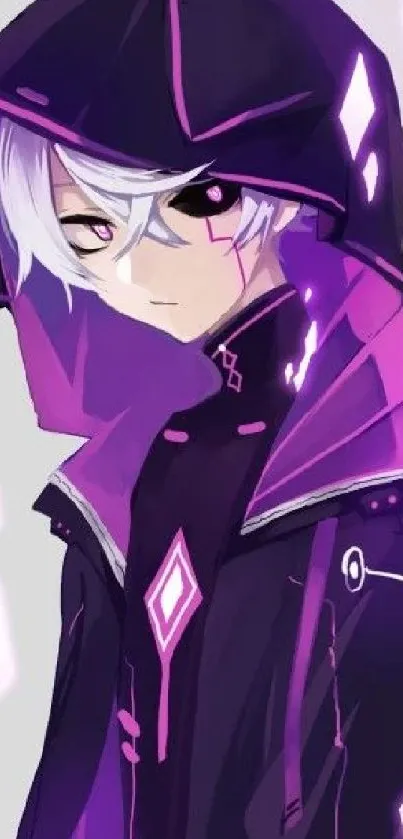 Anime character in hood with purple highlights.