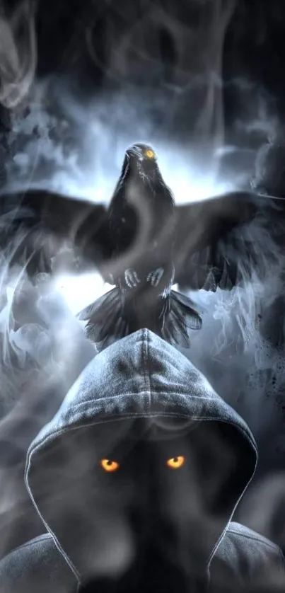 Mystical hooded figure with crow and smoke for phone wallpaper.