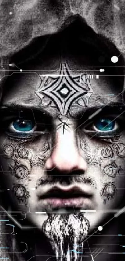 Mystical hooded figure with vivid blue eyes and intricate face art design.