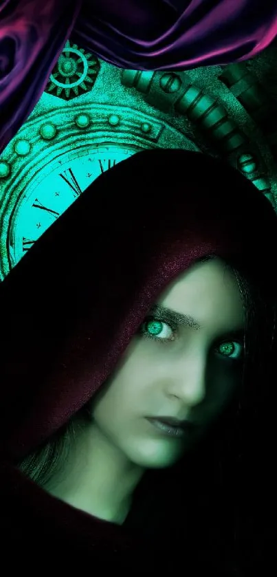 Mystical hooded figure with teal eyes against a clockwork background