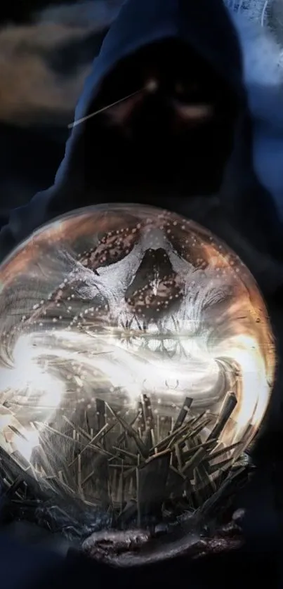 Hooded figure holding a mystical sphere with swirling dark elements.