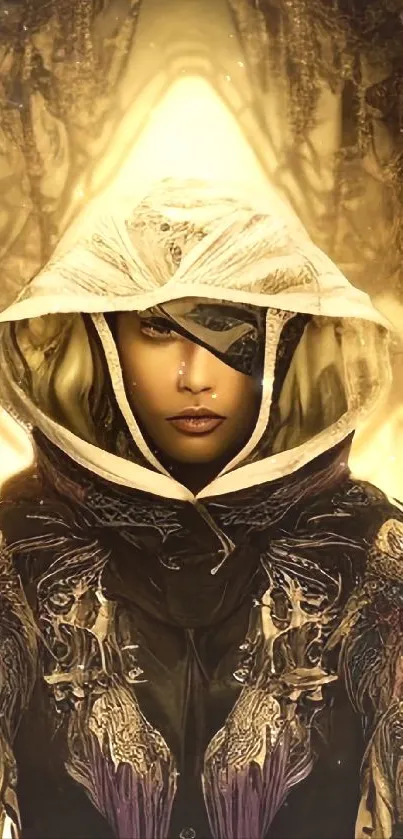 Mystical hooded figure with gold tones and intricate design.