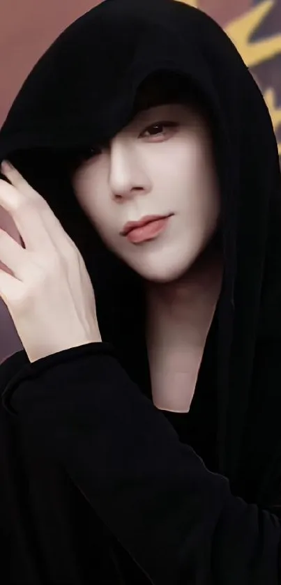 Hooded figure with serene expression, artistic dark theme.