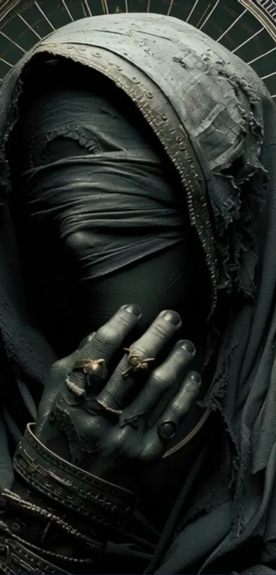 Hooded figure with mysterious aura.