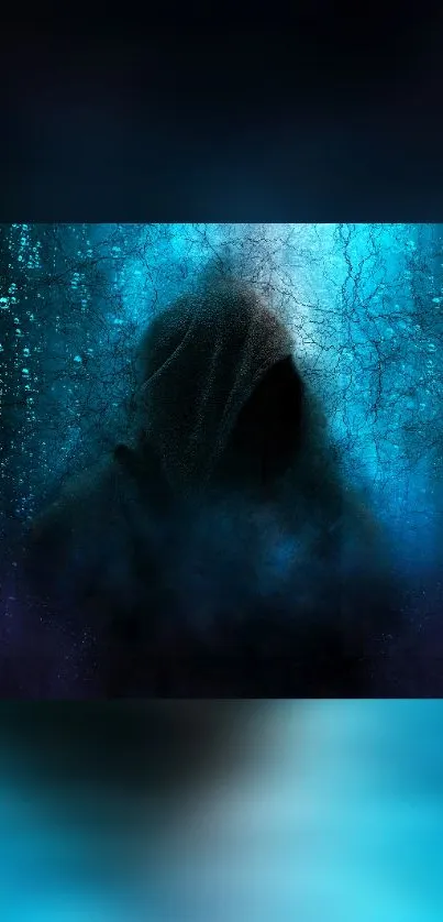 Mystical hooded figure in blue abstract art.