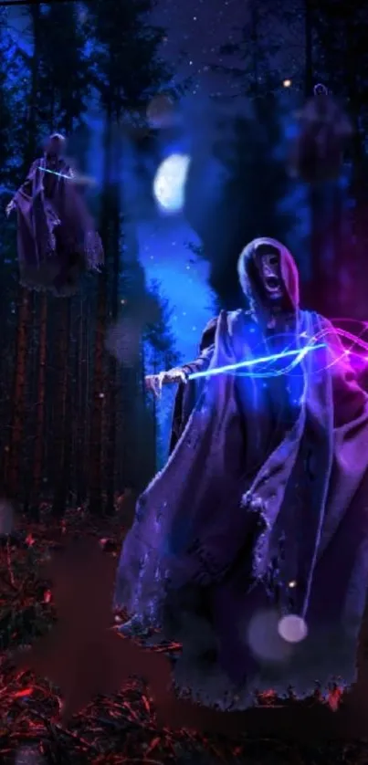 Hooded mystical figure in dark forest with glowing magical aura.