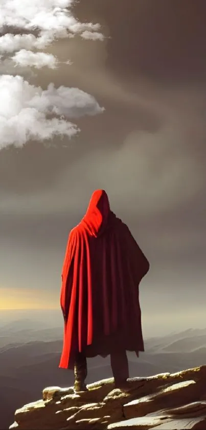 Hooded figure on mountain with dramatic sky and clouds.