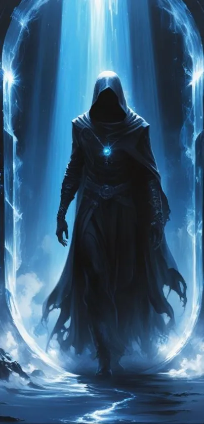Hooded figure in blue glowing light through a mystical portal.