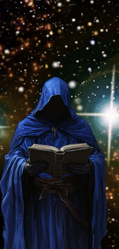 Mystical hooded figure with cosmic background.