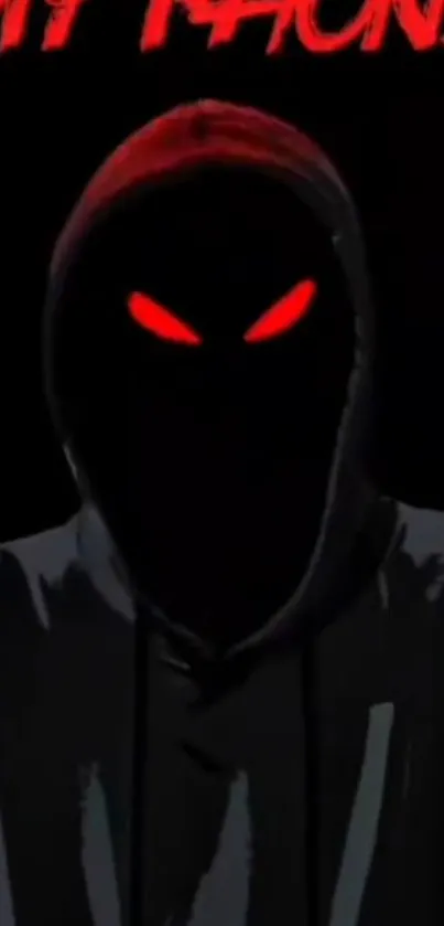 Mysterious hooded figure with red glowing eyes on dark background.